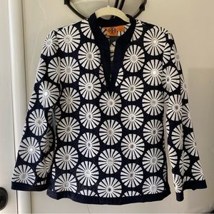 Tory Burch navy blue and white embroidered mirror tunic shirt